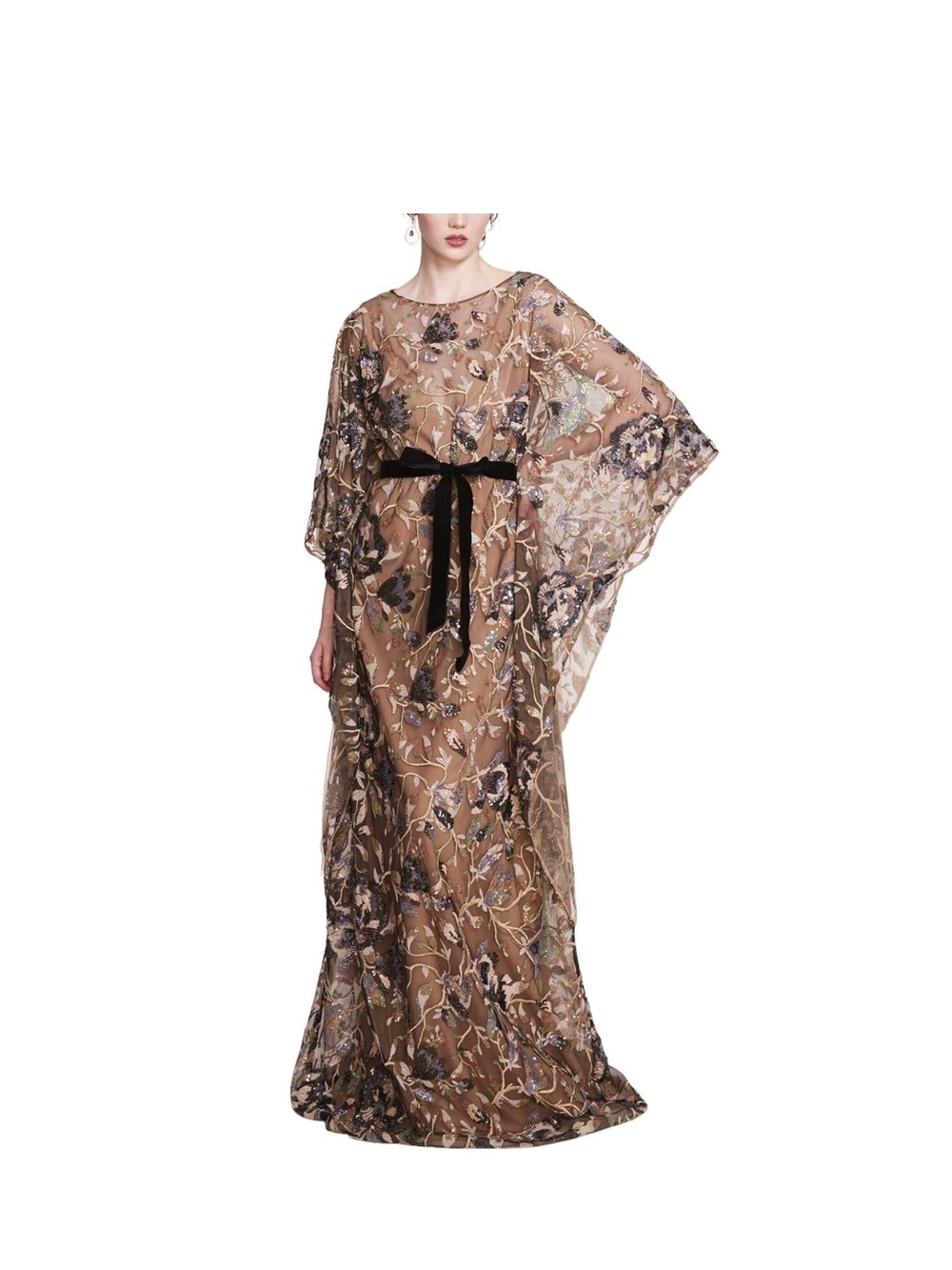 Embroidered Tan Maxi Dress with Black Sash
